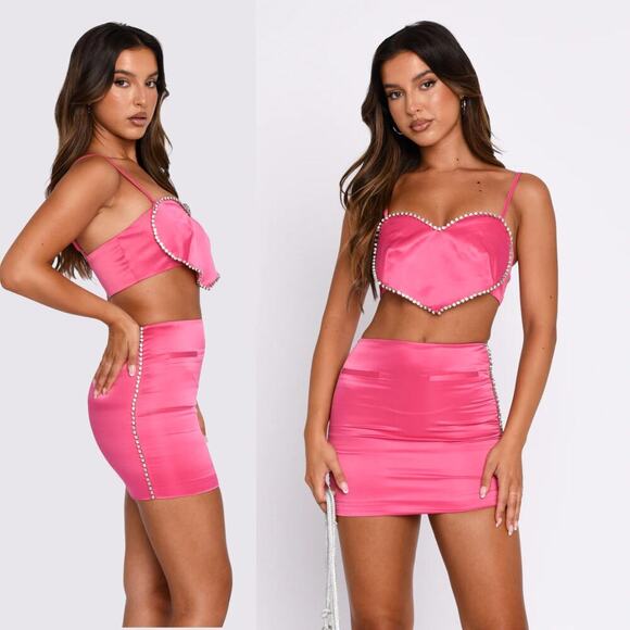 White Fox M 2 Pc Rhinestone Set | Hot Pink Barbiecore Crop & Mini NWT - Picture 3 of 9